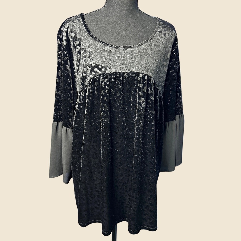 Womens Black Velvet Burnout Flare Sleeve Leopard Top XL Whimsygoth Fairy Grunge